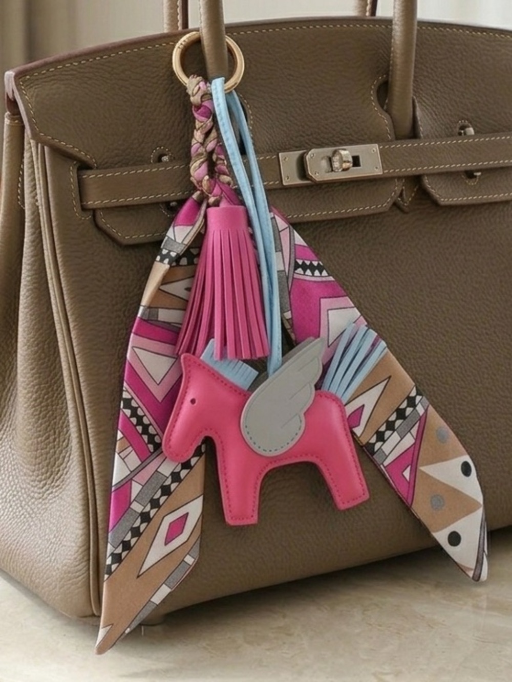 Luxury Pegasus Horse Leather Bag Charm with Twilly-Wrapped-Tassel - Pink